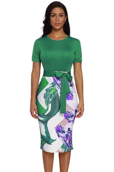 Women Floral Printed Pencil Dress Short Sleeve Belted Casual Slim Bodycon Work Office Party Dress green