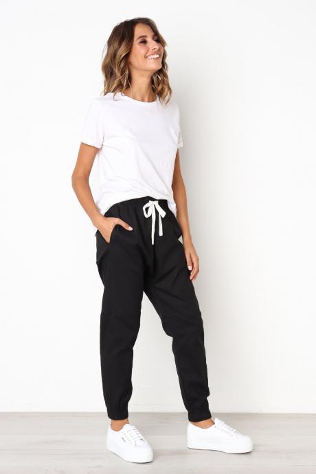 Womens Casual Harem Pants Drawstring Mid Waist Ankle Length Female Loose Trousers black