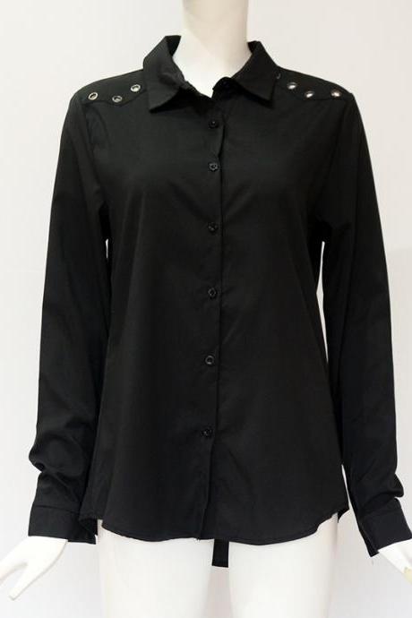  Women Blouse Autumn Turn Down Collar Solid Button OL Office Long Sleeve Casual Tops Shirt black