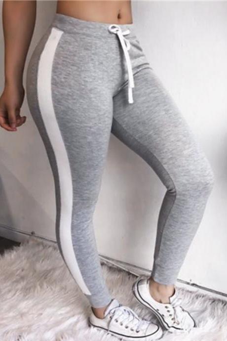 Women Striped Leggings Drawstring Elastic Waist Casual Workout Skinny Fitness Long Pants Sweatpants gray