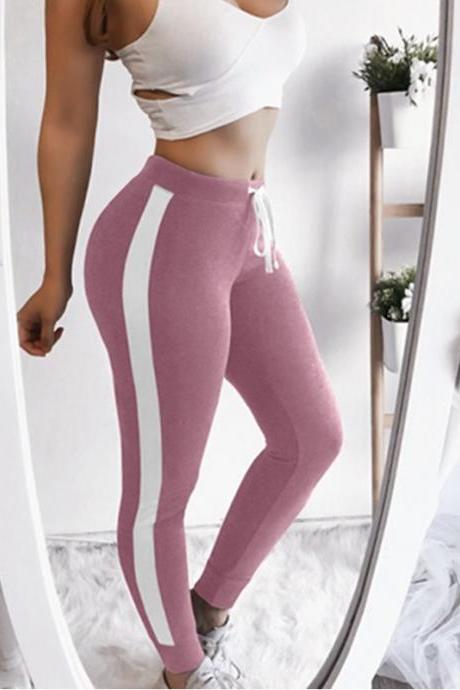  Women Striped Leggings Drawstring Elastic Waist Casual Workout Skinny Fitness Long Pants Sweatpants pink