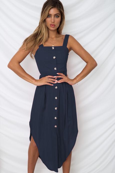 Women Asymmetrical Dress Spaghetti Strap Sleeveless Summer Casual Button Boho Holiday Beach Sundress navy blue
