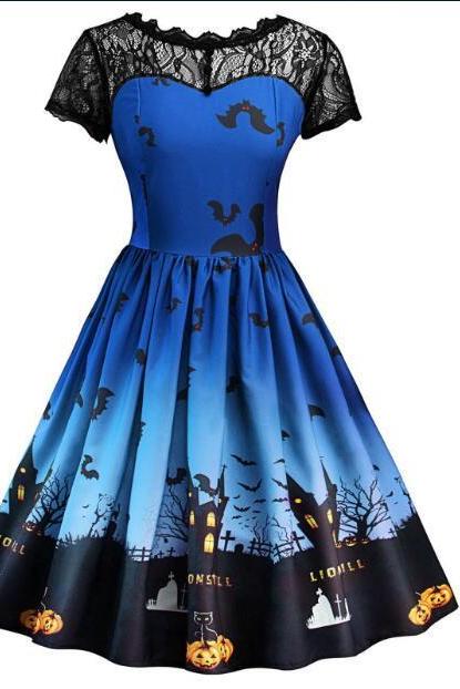  Women Printed A Line Dress Vintage Lace Short Sleeve Swing Evening Party Halloween Costume blue