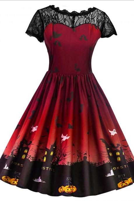 Women Printed A Line Dress Vintage Lace Short Sleeve Swing Evening Party Halloween Costume Red