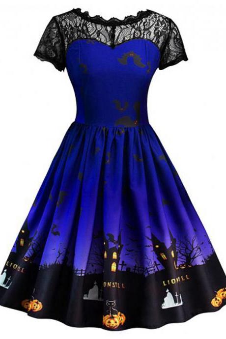 Women Printed A Line Dress Vintage Lace Short Sleeve Swing Evening Party Halloween Costume Royal Blue