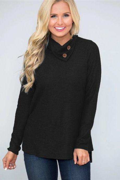 Women Pullover Tops Autumn Solid Button Double Collar Turtleneck Casual Loose Long Sleeve T-Shirt black