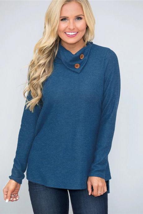 Women Pullover Tops Autumn Solid Button Double Collar Turtleneck Casual Loose Long Sleeve T-Shirt blue