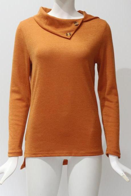 Women Pullover Tops Autumn Solid Button Double Collar Turtleneck Casual Loose Long Sleeve T-Shirt orange