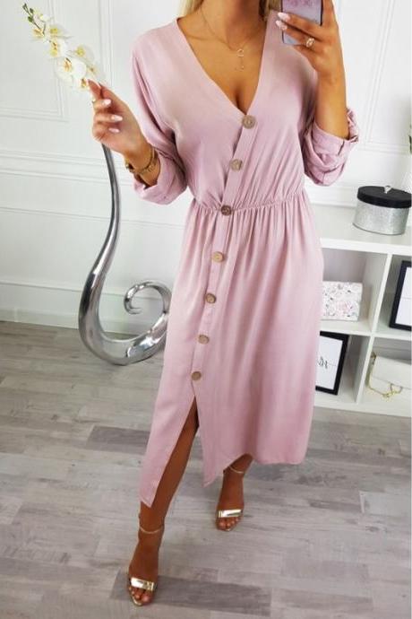Women Maxi Dress Sexy V Neck Long Sleeve Side Split Button Casual Loose Beach Long Dress pink