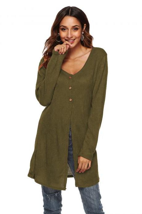 Women Long Sleeve T-Shirt Autumn Asymmetrical High Split Button Casual Long Cardigan Coat Outerwear army green