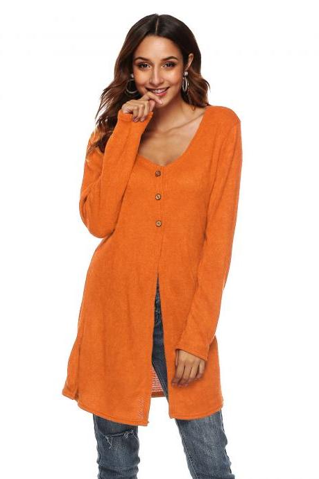 Women Long Sleeve T-Shirt Autumn Asymmetrical High Split Button Casual Long Cardigan Coat Outerwear orange