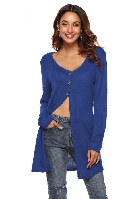 Women Long Sleeve T-Shirt Autumn Asymmetrical High Split Button Casual Long Cardigan Coat Outerwear blue