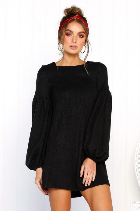 Women Knitted Dress Autumn Winter Long Lantern Sleeve Causal Loose Short A line Sweater Dress black 
