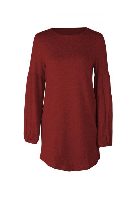 Women Knitted Dress Autumn Winter Long Lantern Sleeve Causal Loose Short A Line Sweater Dress Crimson