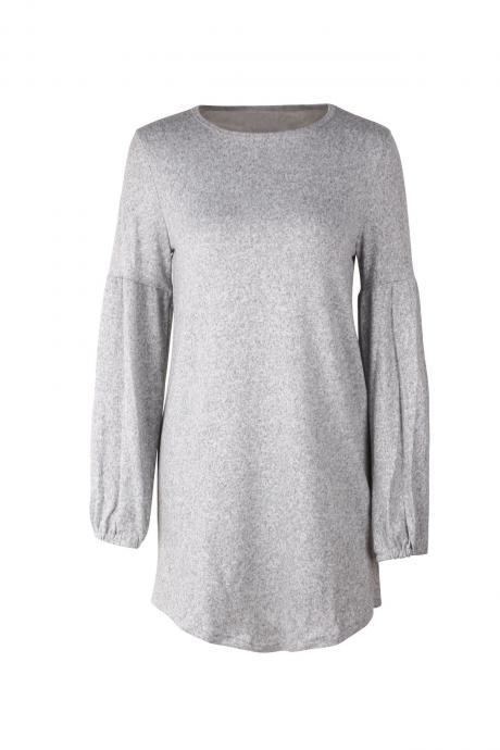  Women Knitted Dress Autumn Winter Long Lantern Sleeve Causal Loose Short A line Sweater Dress gray
