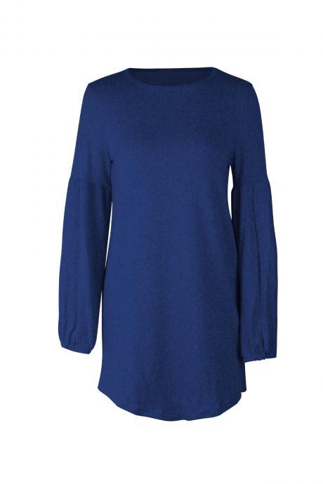  Women Knitted Dress Autumn Winter Long Lantern Sleeve Causal Loose Short A line Sweater Dress royal blue