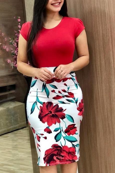 Women Pencil Dress Floral Printed Patchwork Knee Length Bodycon Midi Cocktail Party Dress 1#
