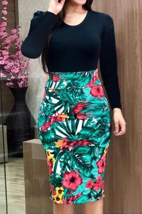 Women Pencil Dress Floral Printed Patchwork Knee Length Bodycon Midi Cocktail Party Dress 6#