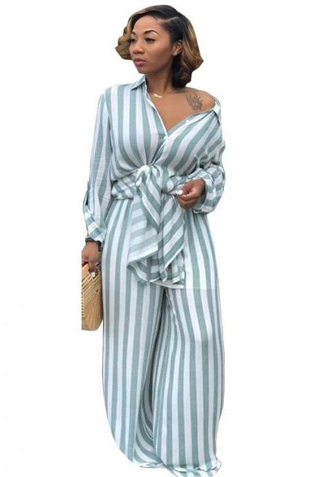 Women Striped Two Pieces Set Casual Loose Long Blouses Shirt And Wide Leg Pants Streetwear Suit Blue