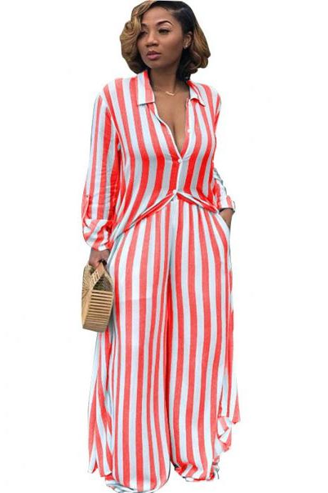 Women Striped Two Pieces Set Casual Loose Long Blouses Shirt And Wide Leg Pants Streetwear Suit Red