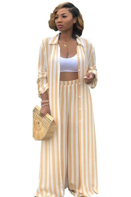 Women Striped Two Pieces Set Casual Loose Long Blouses Shirt And Wide Leg Pants Streetwear Suit Yellow