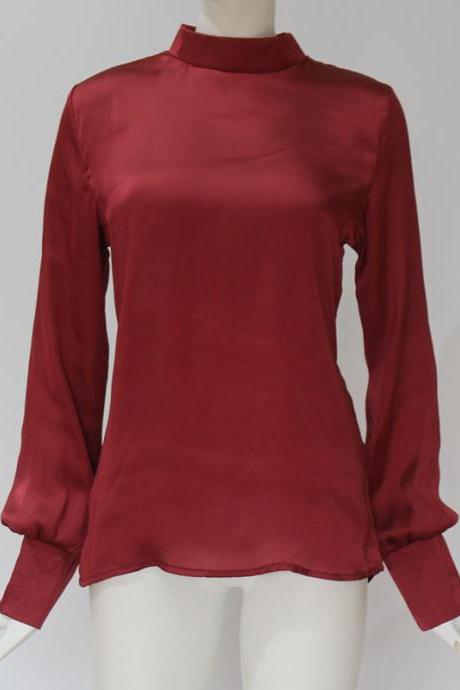 Women Blouse Autumn Turtleneck Lantern Long Sleeve Solid Casual Loose Office Tops Shirt Crimson