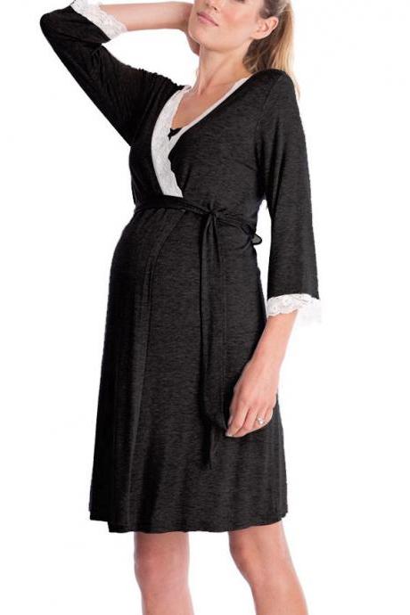 Pregnant Women Pajamas Lace Patchwork 3/4 Sleeve Maternity Sleepwear Nightgown Pregnancy Dress Nursing Clothes