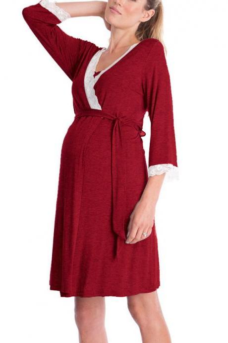Pregnant Women Pajamas Lace Patchwork 3/4 Sleeve Maternity Sleepwear Nightgown Pregnancy Dress Nursing Clothes Crimson