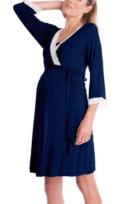 Pregnant Women Pajamas Lace Patchwork 3/4 Sleeve Maternity Sleepwear Nightgown Pregnancy Dress Nursing Clothes navy blue