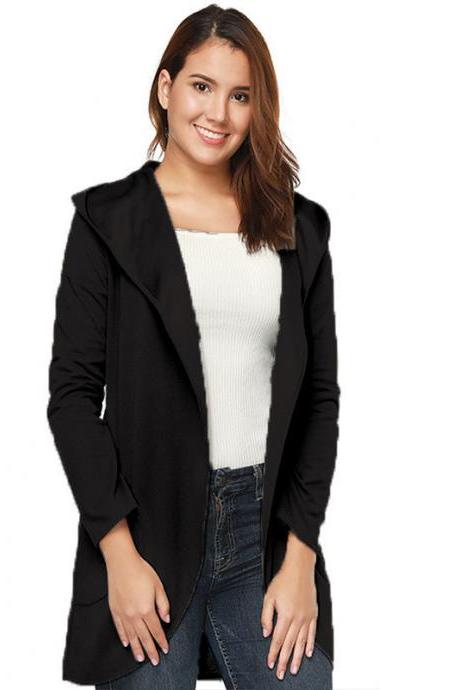 Women Woolen Blend Coat Autumn Solid Long Sleeve Casual Loose Hooded Plus Size Jacket Outwear Black