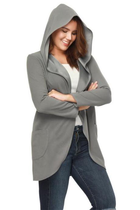 Women Woolen Blend Coat Autumn Solid Long Sleeve Casual Loose Hooded Plus Size Jacket Outwear Gray