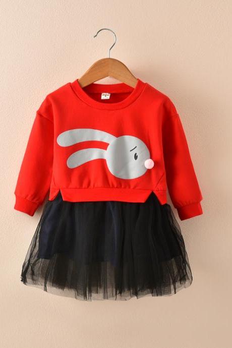 Baby Girl Dress Autumn Long Sleeve Cartoon Fake Two Pieces Patchwork Casual Children Kids Clothes red