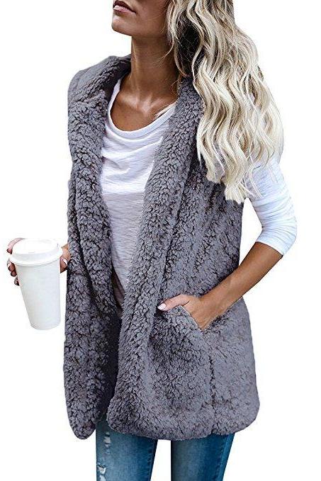 Women Fleece Waistcoat Autumn Winter Hooded Sleeveless Casual Loose Warm Open Stitch Vest Jacket Outwear gray