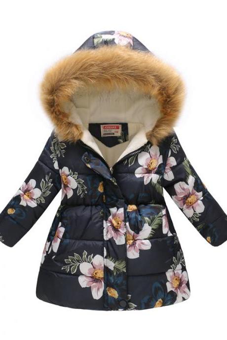 Kids Girls Cotton Down Coat Winter Floral Printed Long Sleeve Hooded Children Warm Thick Fleece Parka Jacket 1#