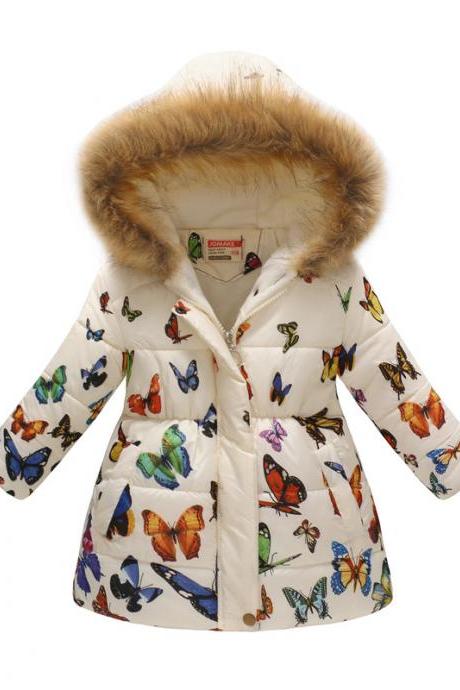 Kids Girls Cotton Down Coat Winter Floral Printed Long Sleeve Hooded Children Warm Thick Fleece Parka Jacket 2#