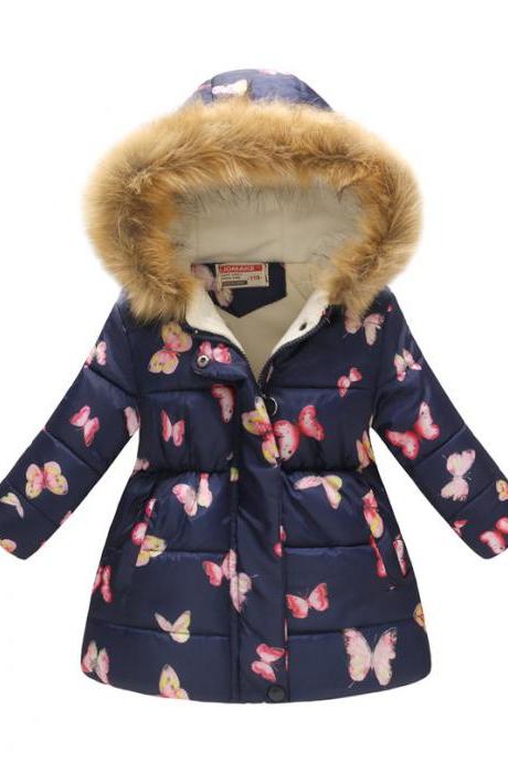 Kids Girls Cotton Down Coat Winter Floral Printed Long Sleeve Hooded Children Warm Thick Fleece Parka Jacket 3#