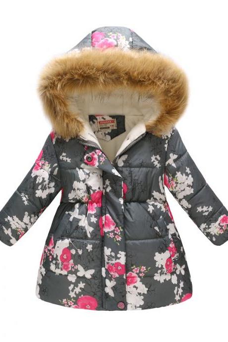 Kids Girls Cotton Down Coat Winter Floral Printed Long Sleeve Hooded Children Warm Thick Fleece Parka Jacket 5#