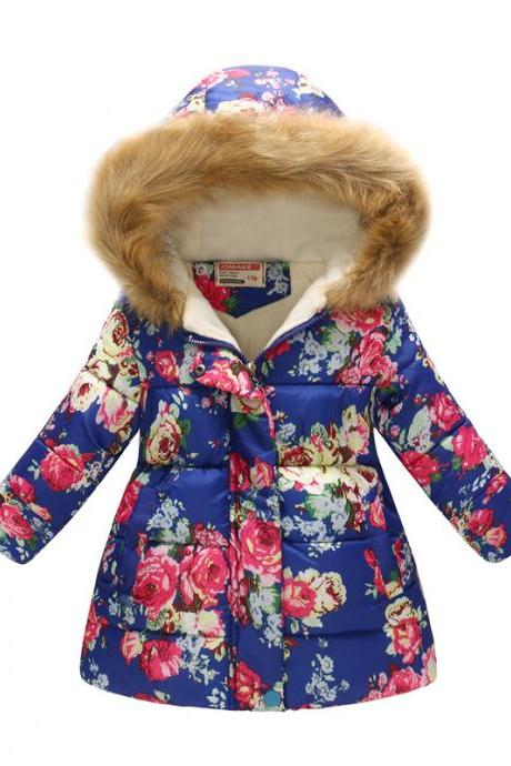 Kids Girls Cotton Down Coat Winter Floral Printed Long Sleeve Hooded Children Warm Thick Fleece Parka Jacket 9#