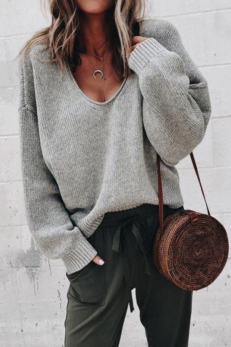  Women Knitted Sweater Autumn Solid V Veck Long Sleeve Casual Loose Pullover Tops gray
