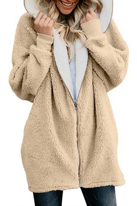 Women Plush Coat Autumn Winter Zipper Open Stitch Hooded Loose Long Sleeve Fleece Jacket Outerwear Overcoat khaki