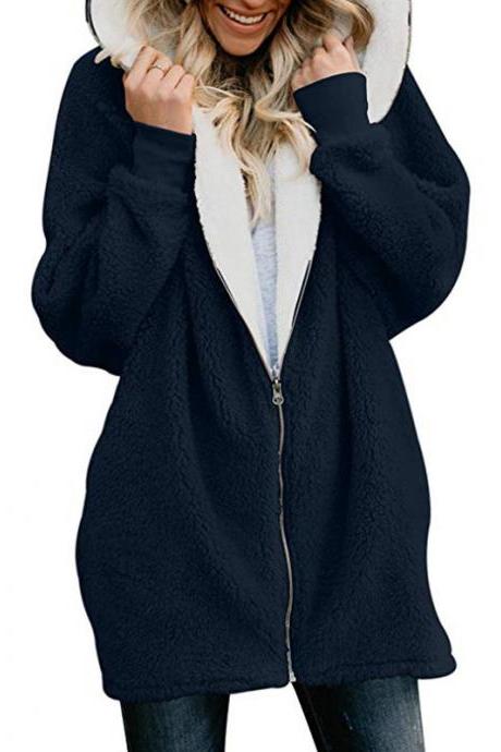 Women Plush Coat Autumn Winter Zipper Open Stitch Hooded Loose Long Sleeve Fleece Jacket Outerwear Overcoat navy blue