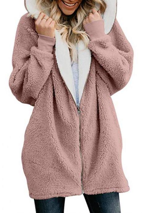 Women Plush Coat Autumn Winter Zipper Open Stitch Hooded Loose Long Sleeve Fleece Jacket Outerwear Overcoat Pink