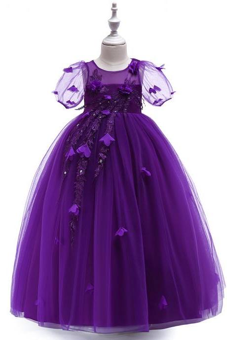 Long Flower Girl Dress Short Sleeve Princess Lace Teens Formal Perform Party Gown Children Clothes purple