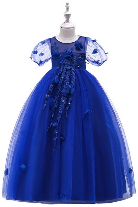 Long Flower Girl Dress Short Sleeve Princess Lace Teens Formal Perform Party Gown Children Clothes royal blue