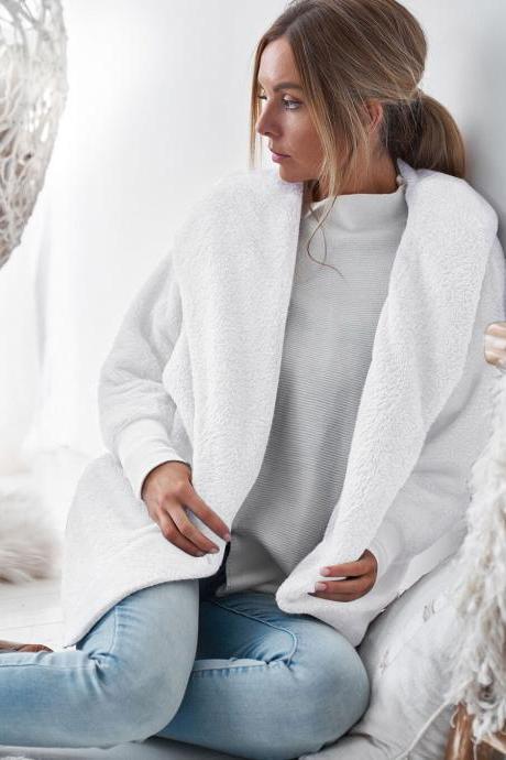 Women Plush Coat Autumn Winter Long Sleeve Hooded Casual Loose Open Stitch Cardigan Jacket Overcoat Outerwear off white