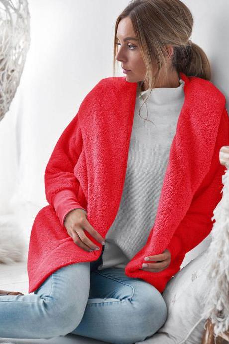 Women Plush Coat Autumn Winter Long Sleeve Hooded Casual Loose Open Stitch Cardigan Jacket Overcoat Outerwear red