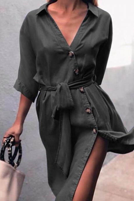  Women Denim Dress Sexy V-Neck Half Sleeve Belted Split Casual Loose Button Short Shirt Dress black