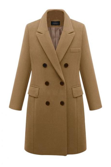 Women Long Woolen Blends Coat Autumn Winter Warm Turn-Down Collar Double Breasted Casual Long Sleeve Jacket Outerwear khaki