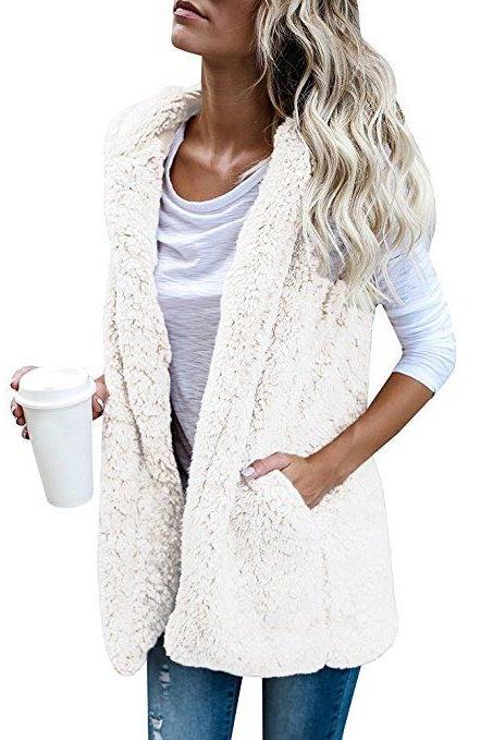 Women Fleece Waistcoat Autumn Winter Hooded Sleeveless Casual Loose Warm Open Stitch Vest Jacket Outwear off white