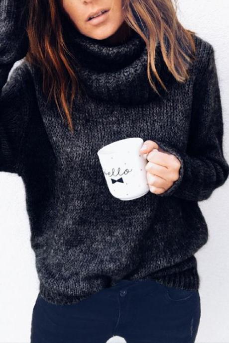 Women Knitted Sweater Autumn Winter Turtleneck Long Sleeve Solid Casual Loose Warm Pullover Tops black